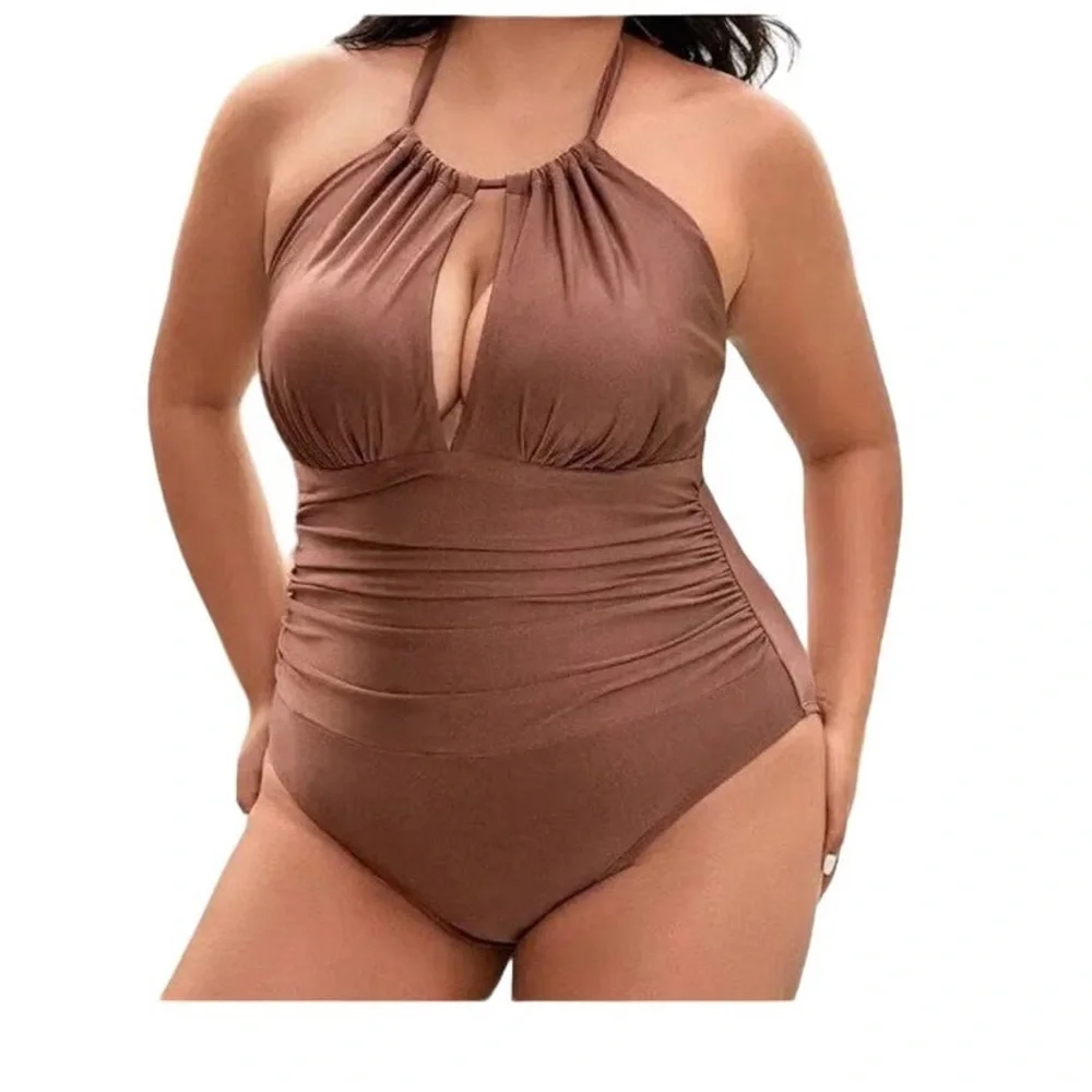Women One Piece Swimsuit Tummy Control Bathing Suit Swimwear Brown Plus Size 1X